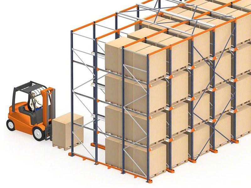 Double deep pallet racking system with pallets stored two deep