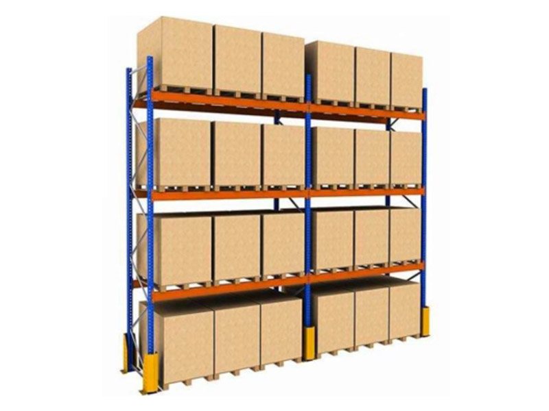 Heavy duty selective pallet racking system loaded with palletised goods in a warehouse